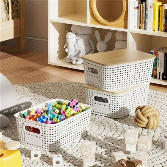 Plastic Storage Bins with Bamboo Lids 6 Pack Stackable Closet Organizer White - Picture 7 of 8